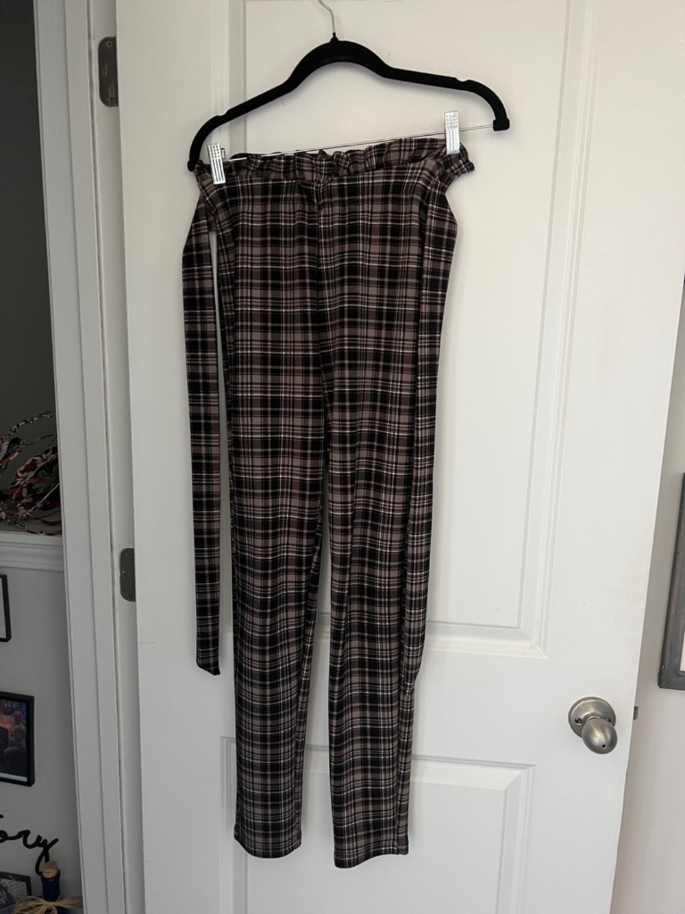 SHEIN Black and Brown Plaid Paperbag Waist Skinny Pants
